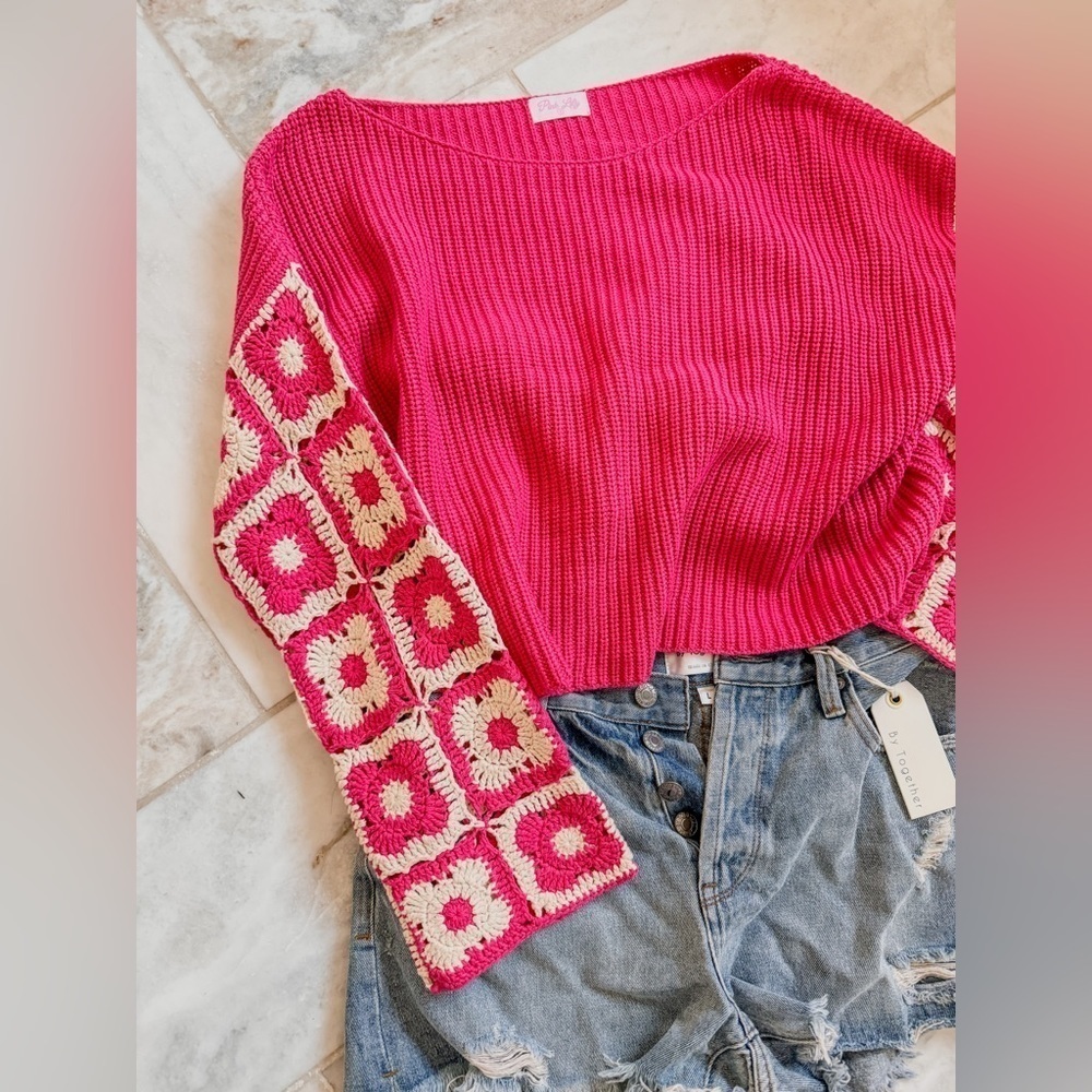 Pink Lily Fuchsia Crewneck Sweater with Crochet-Pattern Balloon Sleeves - Picture 15 of 16
